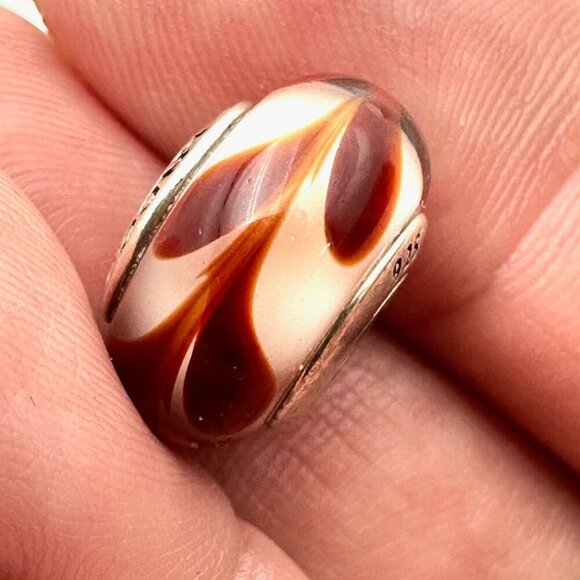 Pandora Brown Swirl Murano Glass Charm 925 ALE Sterling Silver - Picture 1 of 4